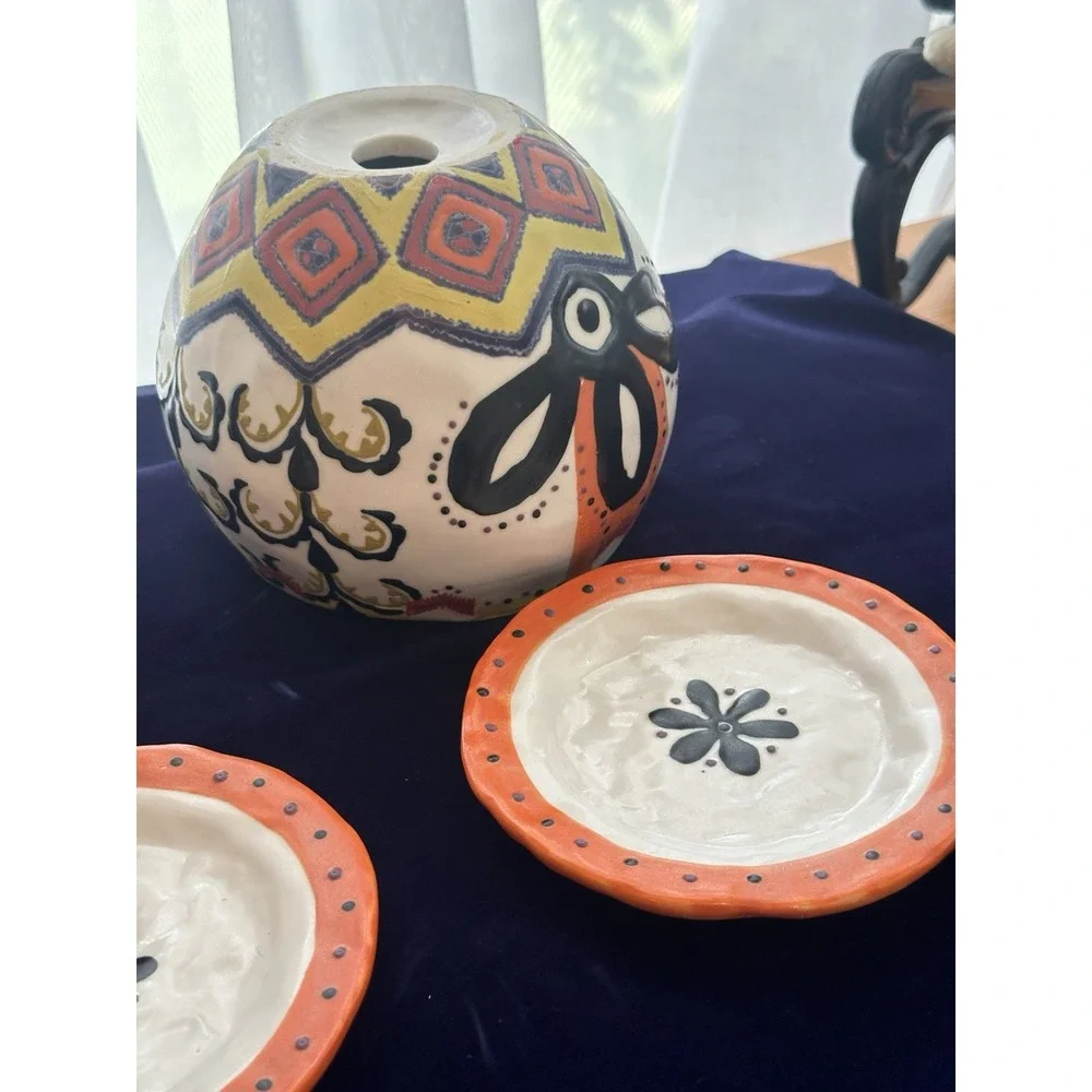 2 Ceramic Round Planters Multicolor Floral Pattern w/ Saucers Drainage Holes